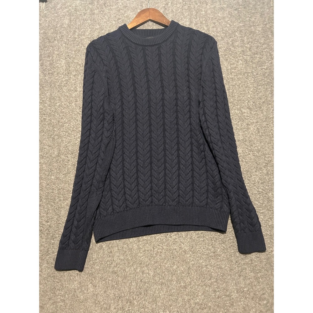 Reiss crewneck cable knit sweater mens heavyweight blue pullover Large
